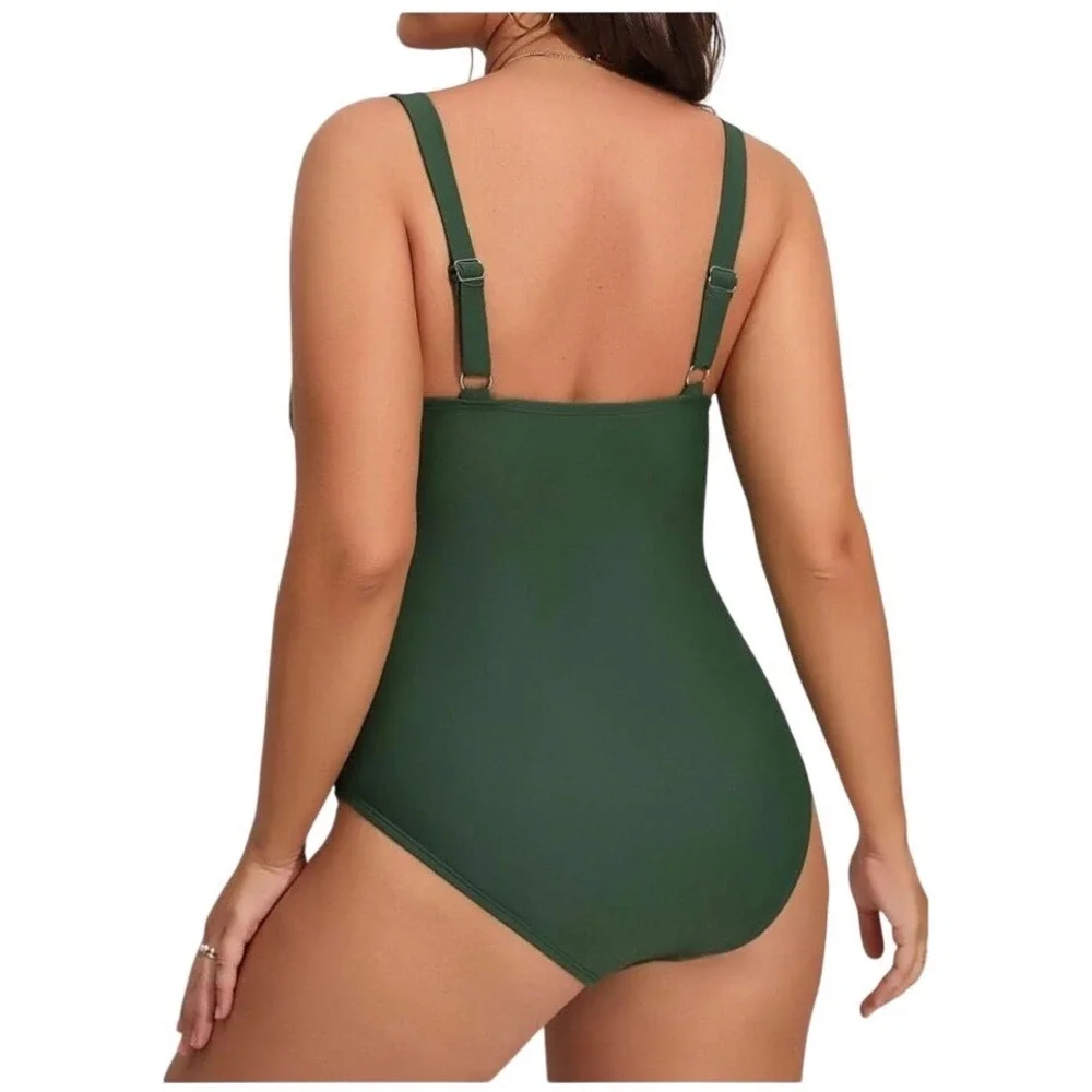 Cupshe Olive Green Ruched Lace Trim Plunging Neck OnePiece Swimsuit, Size M, NWT